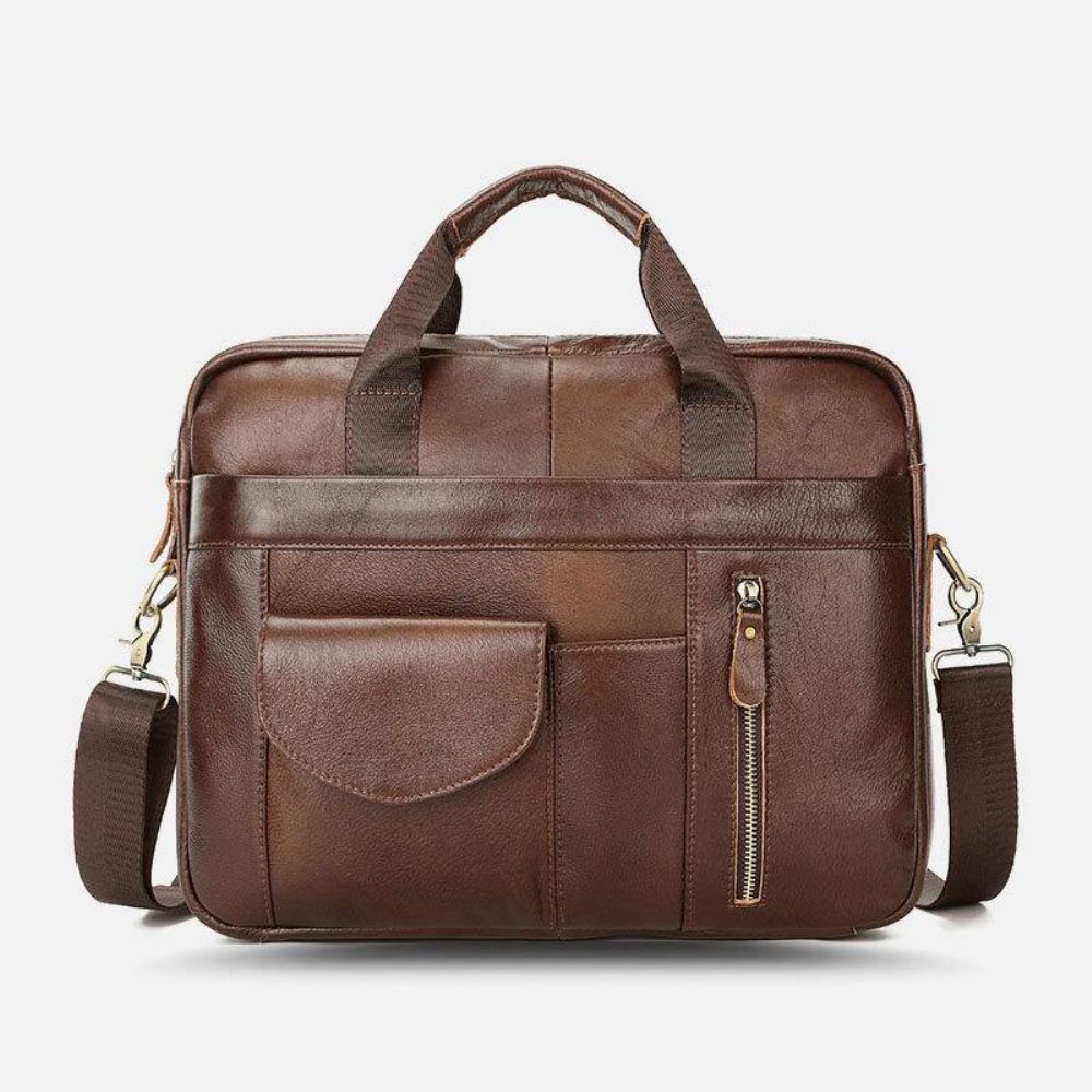 Mannen Echt Leer Multi-Pocket Vintage 14 Inch Laptoptas Aktetassen Crossbody Schoudertas Handtas