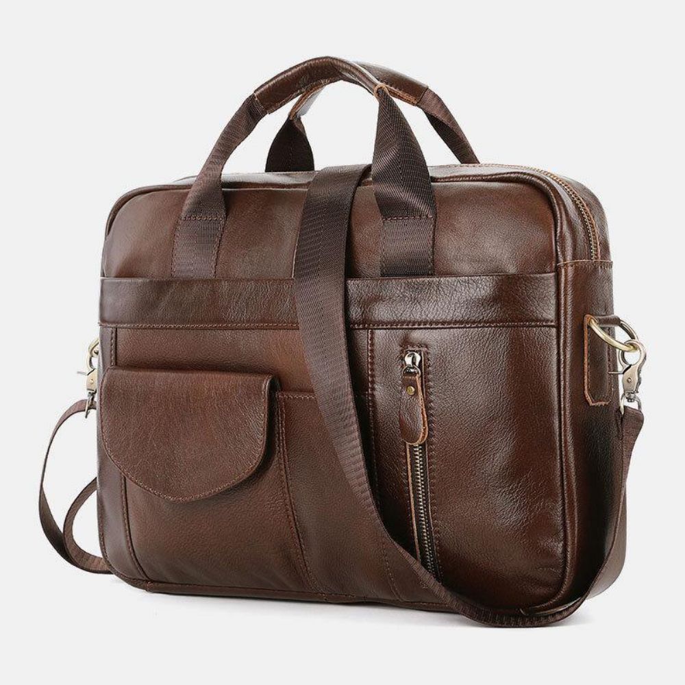 Mannen Echt Leer Multi-Pocket Vintage 14 Inch Laptoptas Aktetassen Crossbody Schoudertas Handtas