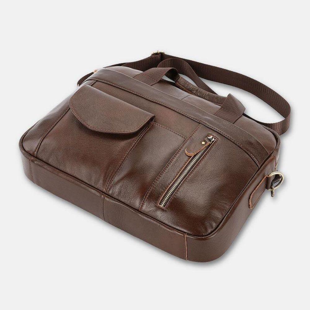 Mannen Echt Leer Multi-Pocket Vintage 14 Inch Laptoptas Aktetassen Crossbody Schoudertas Handtas