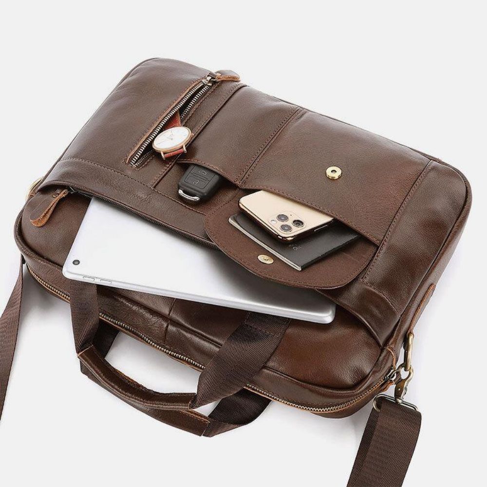 Mannen Echt Leer Multi-Pocket Vintage 14 Inch Laptoptas Aktetassen Crossbody Schoudertas Handtas