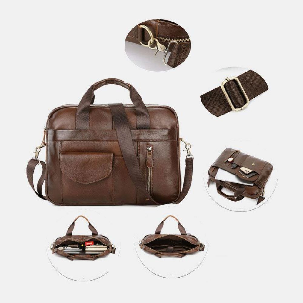 Mannen Echt Leer Multi-Pocket Vintage 14 Inch Laptoptas Aktetassen Crossbody Schoudertas Handtas