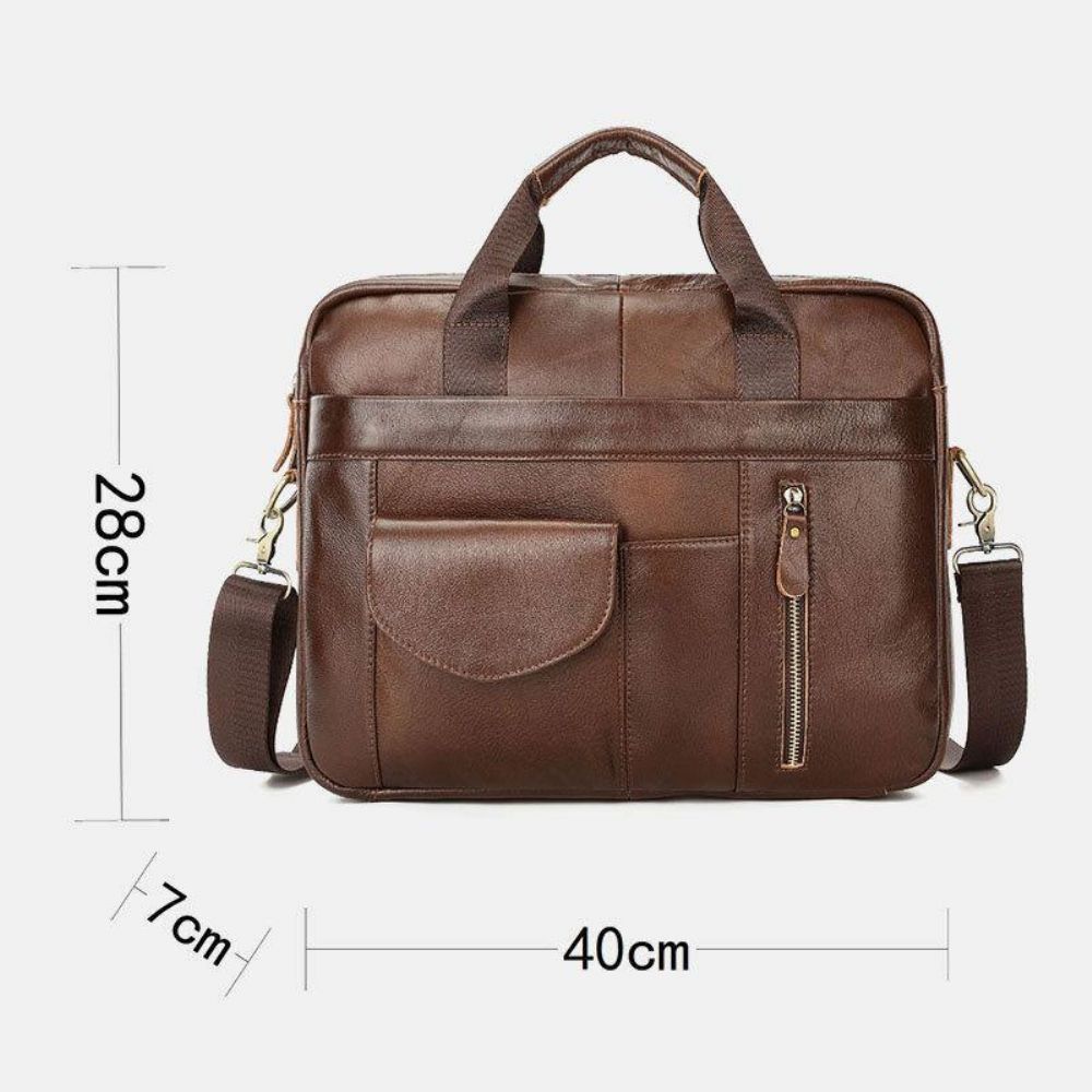 Mannen Echt Leer Multi-Pocket Vintage 14 Inch Laptoptas Aktetassen Crossbody Schoudertas Handtas