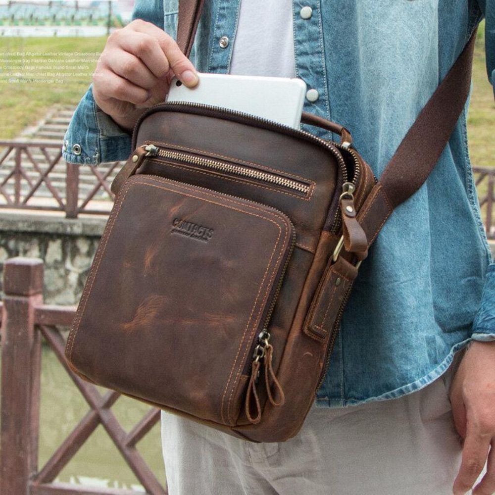 Mannen Echt Leer Multifunctionele Multi-Pocket Vintage Aktetassen Messenger Bag Crossbody Tas Handtas