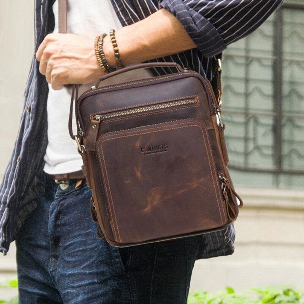 Mannen Echt Leer Multifunctionele Multi-Pocket Vintage Aktetassen Messenger Bag Crossbody Tas Handtas