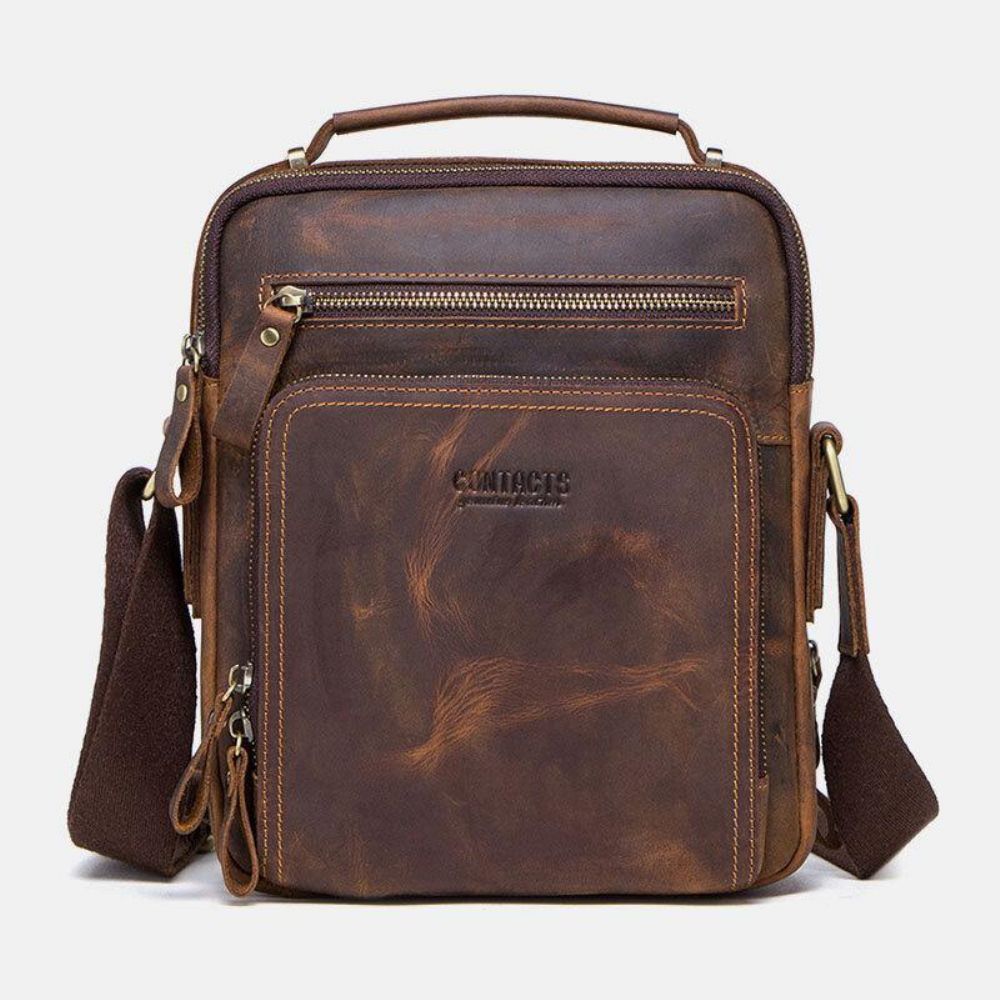 Mannen Echt Leer Multifunctionele Multi-Pocket Vintage Aktetassen Messenger Bag Crossbody Tas Handtas