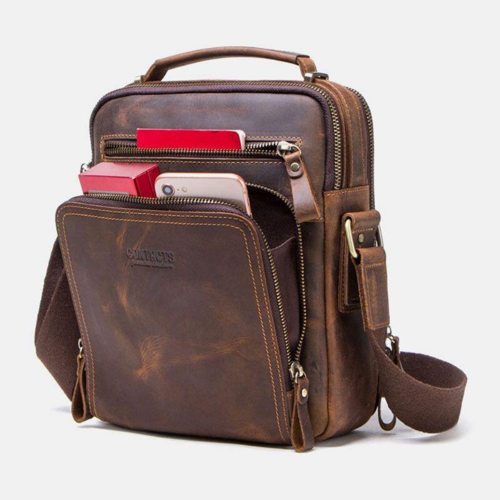 Mannen Echt Leer Multifunctionele Multi-Pocket Vintage Aktetassen Messenger Bag Crossbody Tas Handtas