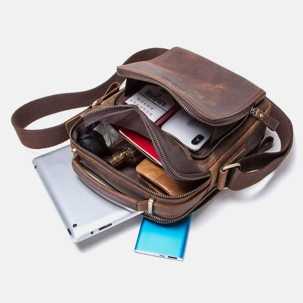 Mannen Echt Leer Multifunctionele Multi-Pocket Vintage Aktetassen Messenger Bag Crossbody Tas Handtas