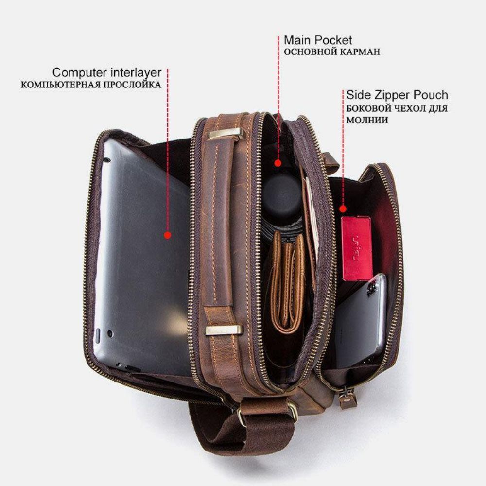 Mannen Echt Leer Multifunctionele Multi-Pocket Vintage Aktetassen Messenger Bag Crossbody Tas Handtas