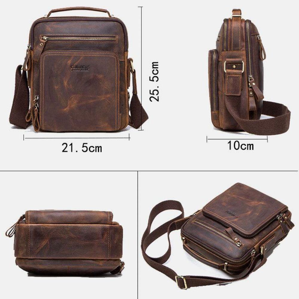 Mannen Echt Leer Multifunctionele Multi-Pocket Vintage Aktetassen Messenger Bag Crossbody Tas Handtas