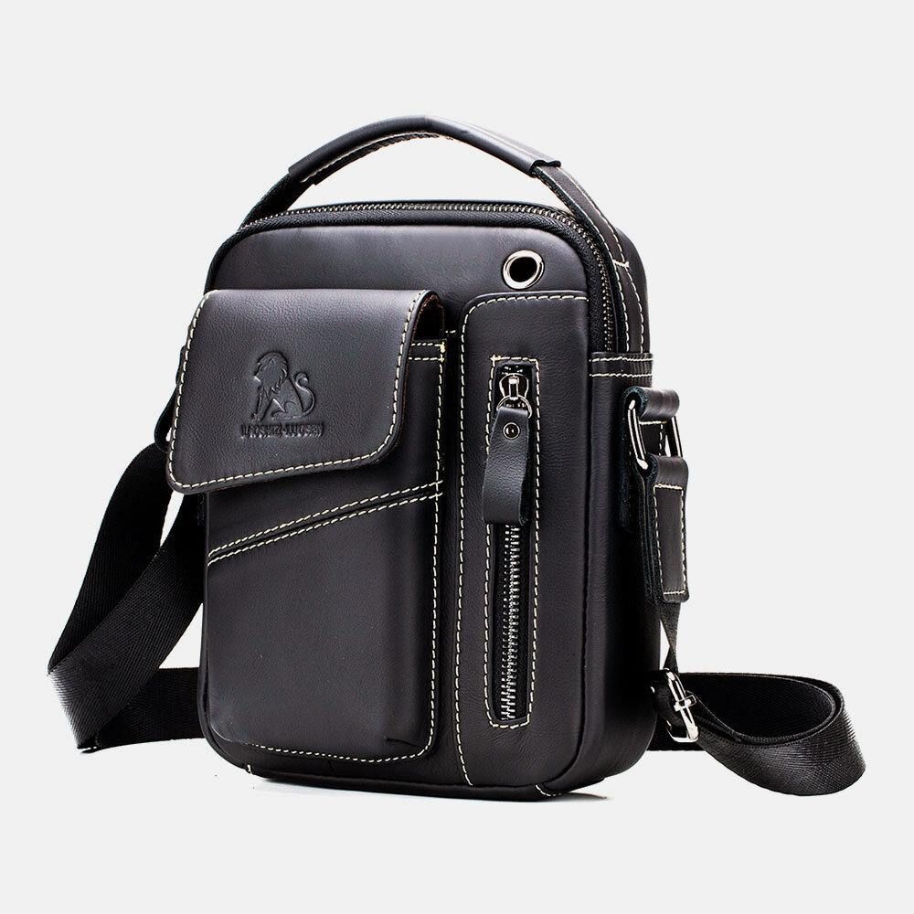 Mannen Echt Leer Slijtvaste Hoofdtelefoon Gat Multi-Pocket Vintage Crossbody Tas Schoudertas