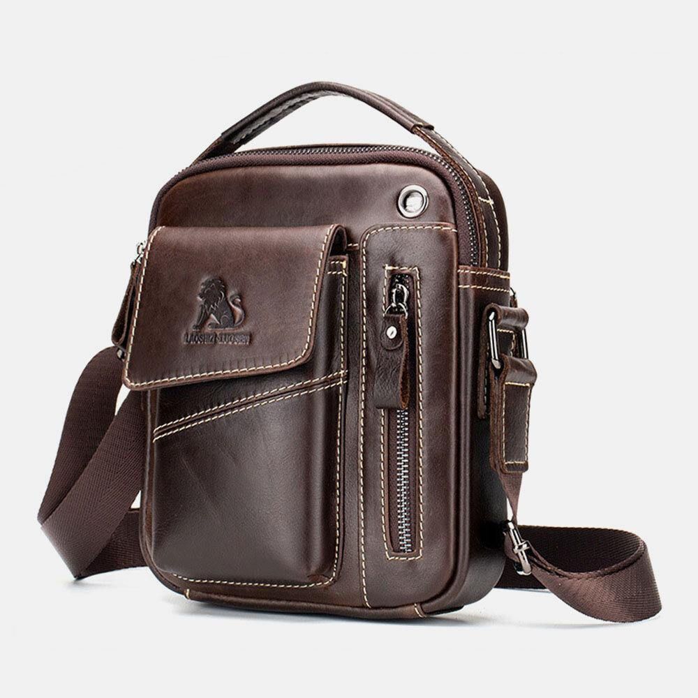 Mannen Echt Leer Slijtvaste Hoofdtelefoon Gat Multi-Pocket Vintage Crossbody Tas Schoudertas