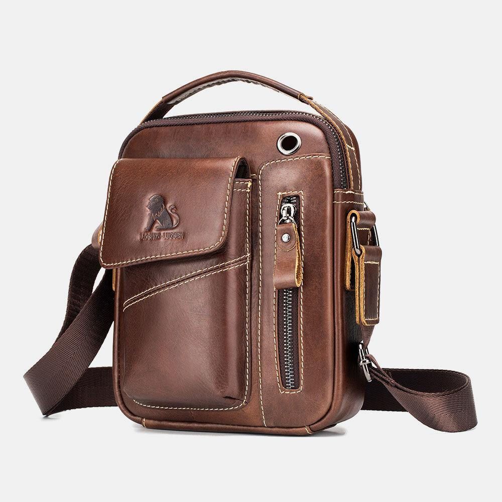 Mannen Echt Leer Slijtvaste Hoofdtelefoon Gat Multi-Pocket Vintage Crossbody Tas Schoudertas