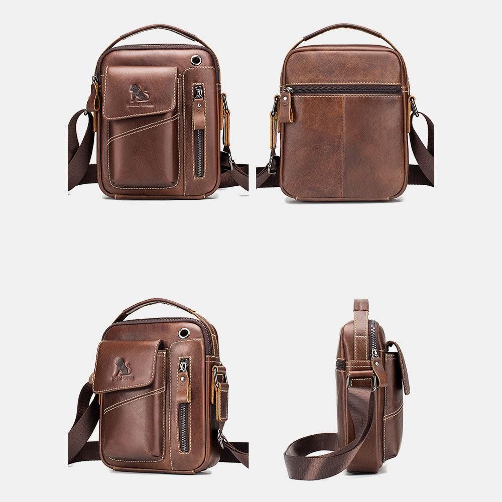 Mannen Echt Leer Slijtvaste Hoofdtelefoon Gat Multi-Pocket Vintage Crossbody Tas Schoudertas