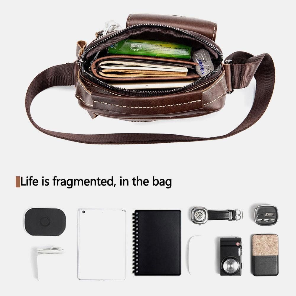 Mannen Echt Leer Slijtvaste Hoofdtelefoon Gat Multi-Pocket Vintage Crossbody Tas Schoudertas