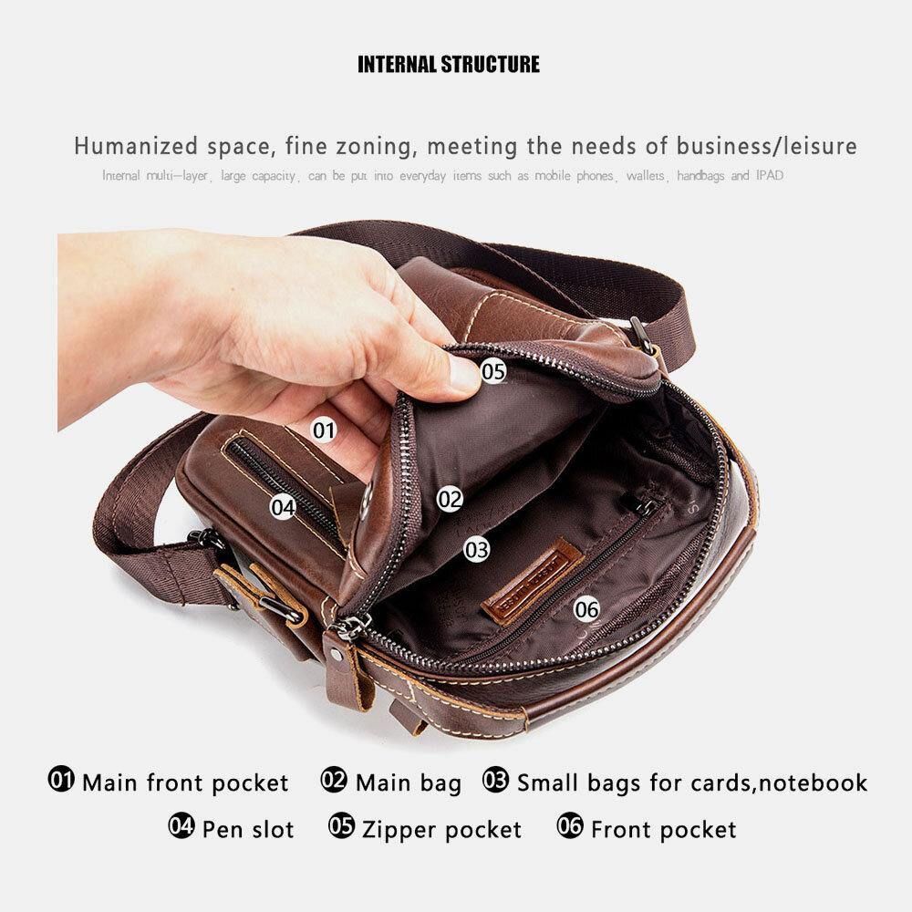 Mannen Echt Leer Slijtvaste Hoofdtelefoon Gat Multi-Pocket Vintage Crossbody Tas Schoudertas