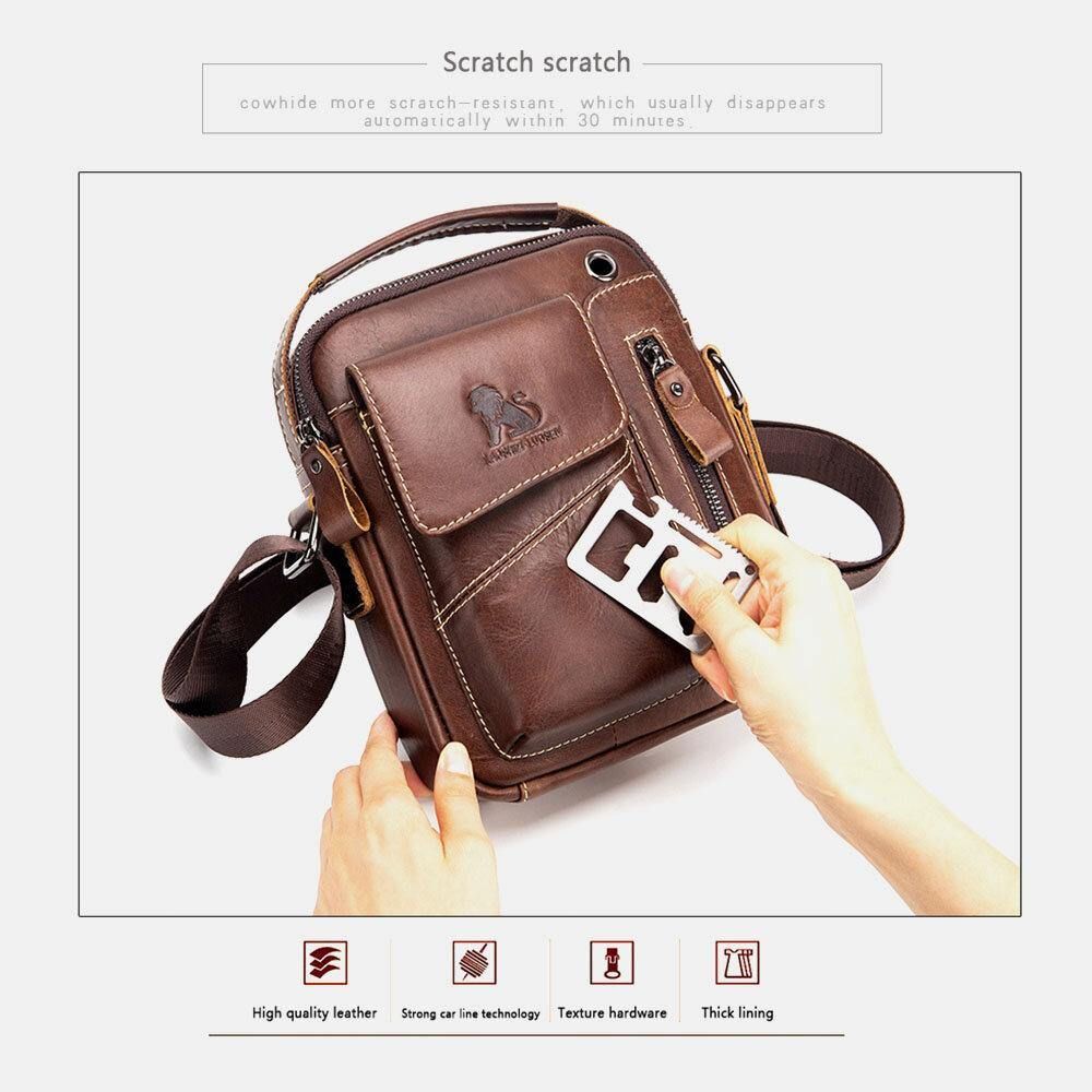 Mannen Echt Leer Slijtvaste Hoofdtelefoon Gat Multi-Pocket Vintage Crossbody Tas Schoudertas