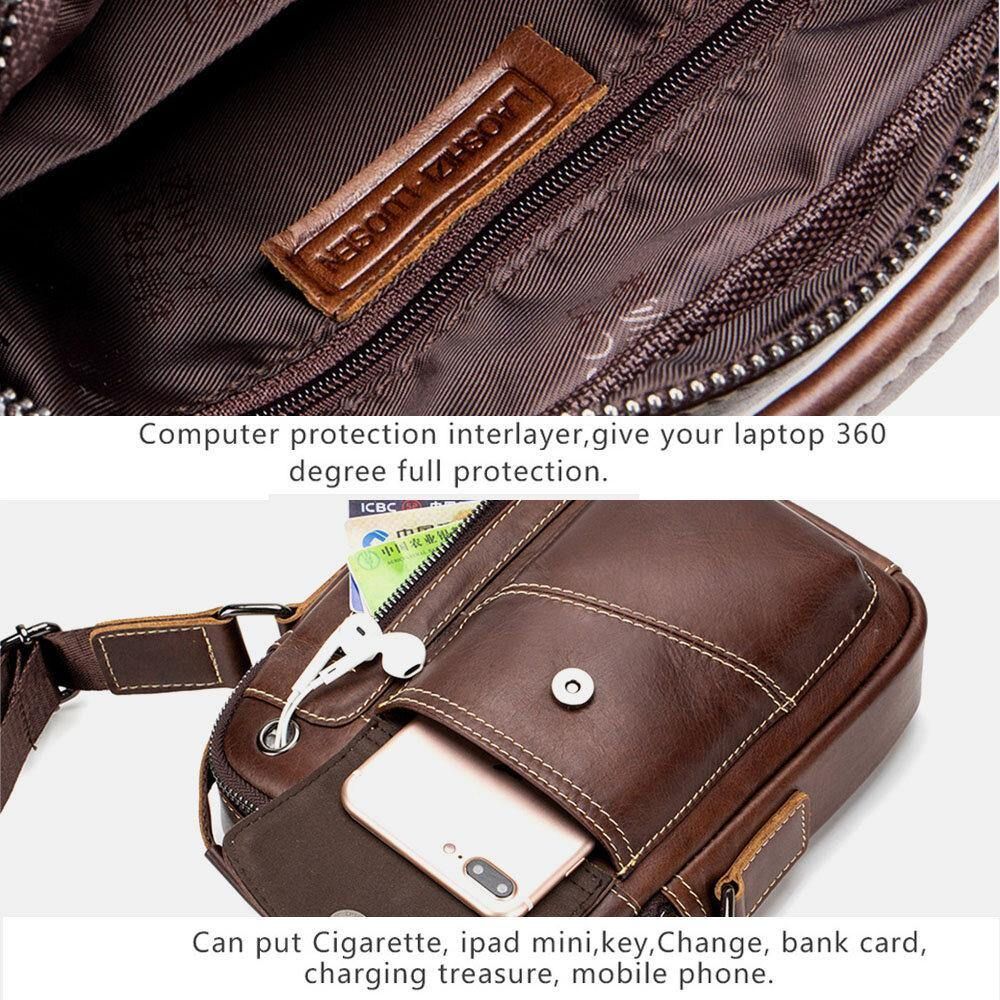 Mannen Echt Leer Slijtvaste Hoofdtelefoon Gat Multi-Pocket Vintage Crossbody Tas Schoudertas