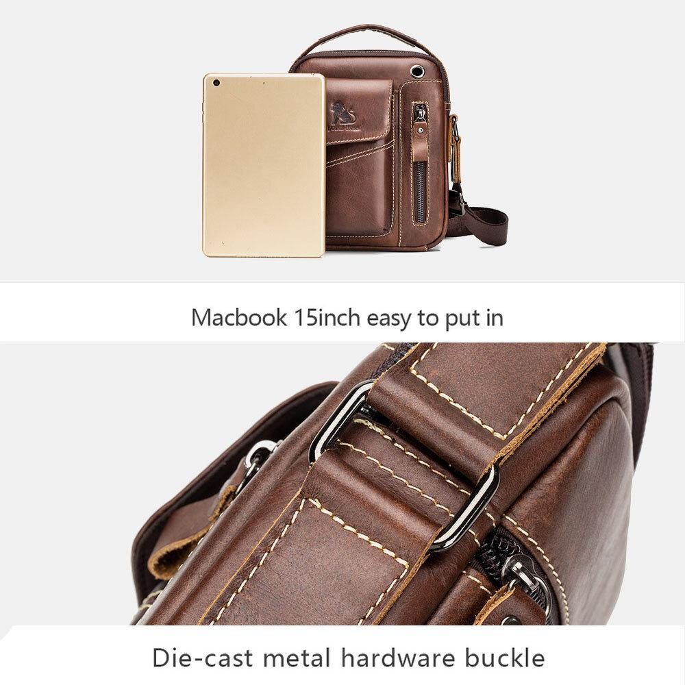 Mannen Echt Leer Slijtvaste Hoofdtelefoon Gat Multi-Pocket Vintage Crossbody Tas Schoudertas