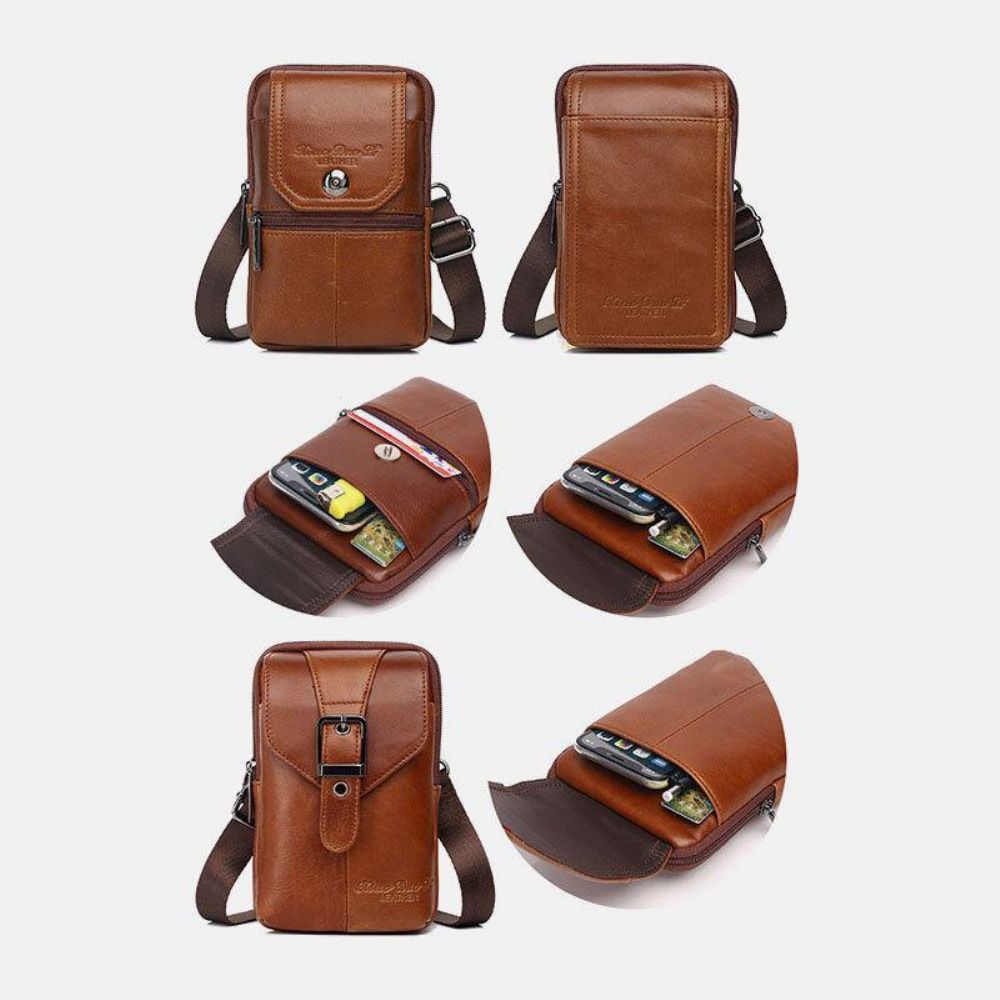 Mannen Echt Leer Vintage Multi-Kaartsleuf 6.5 Inch Mini Telefoon Tas Crossbody Tas Heuptas Koeienhuid Tas