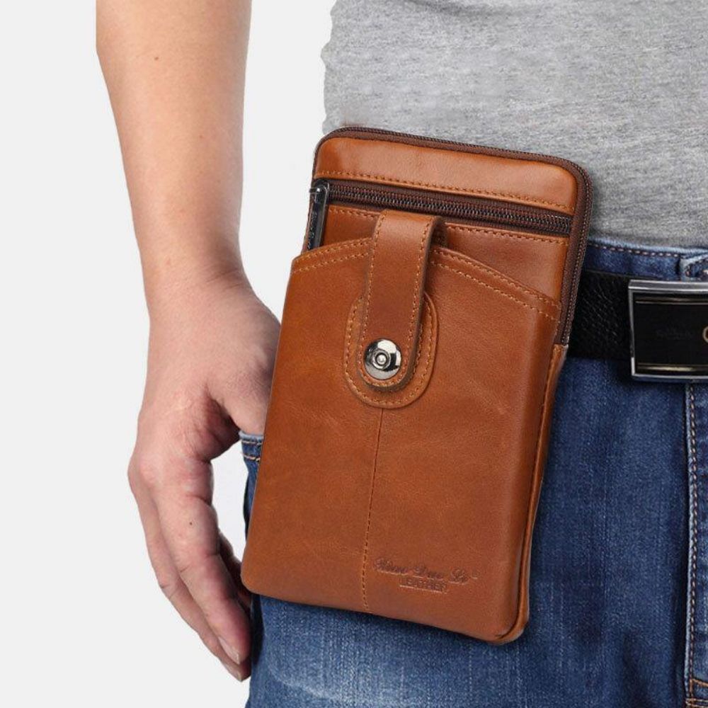 Mannen Echt Leer Vintage Multifunctionele 6.5 Inch Rits Hasp Telefoon Tas Crossbody Tas Heuptas