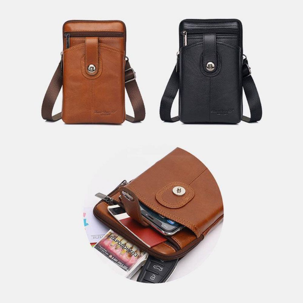 Mannen Echt Leer Vintage Multifunctionele 6.5 Inch Rits Hasp Telefoon Tas Crossbody Tas Heuptas