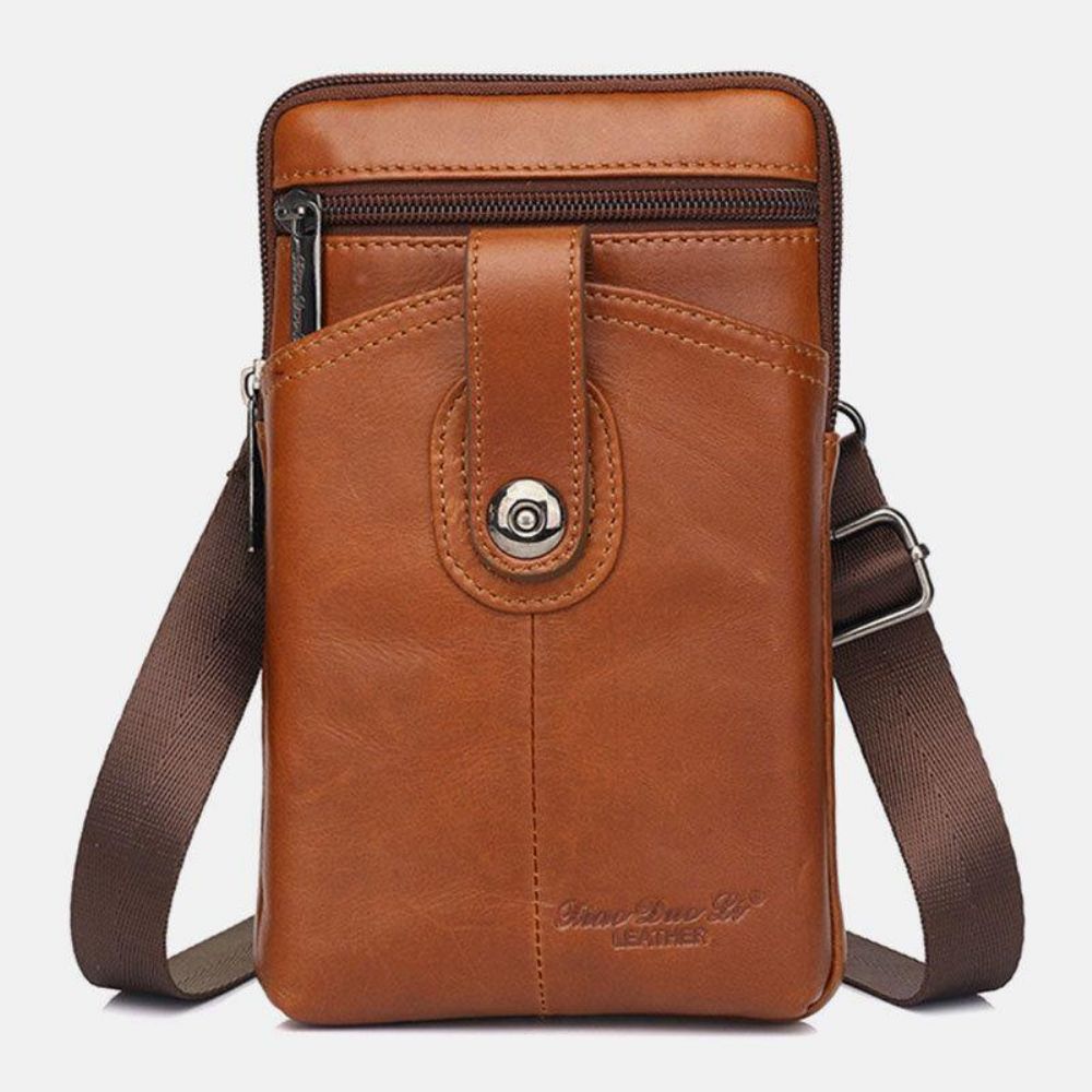 Mannen Echt Leer Vintage Multifunctionele 6.5 Inch Rits Hasp Telefoon Tas Crossbody Tas Heuptas