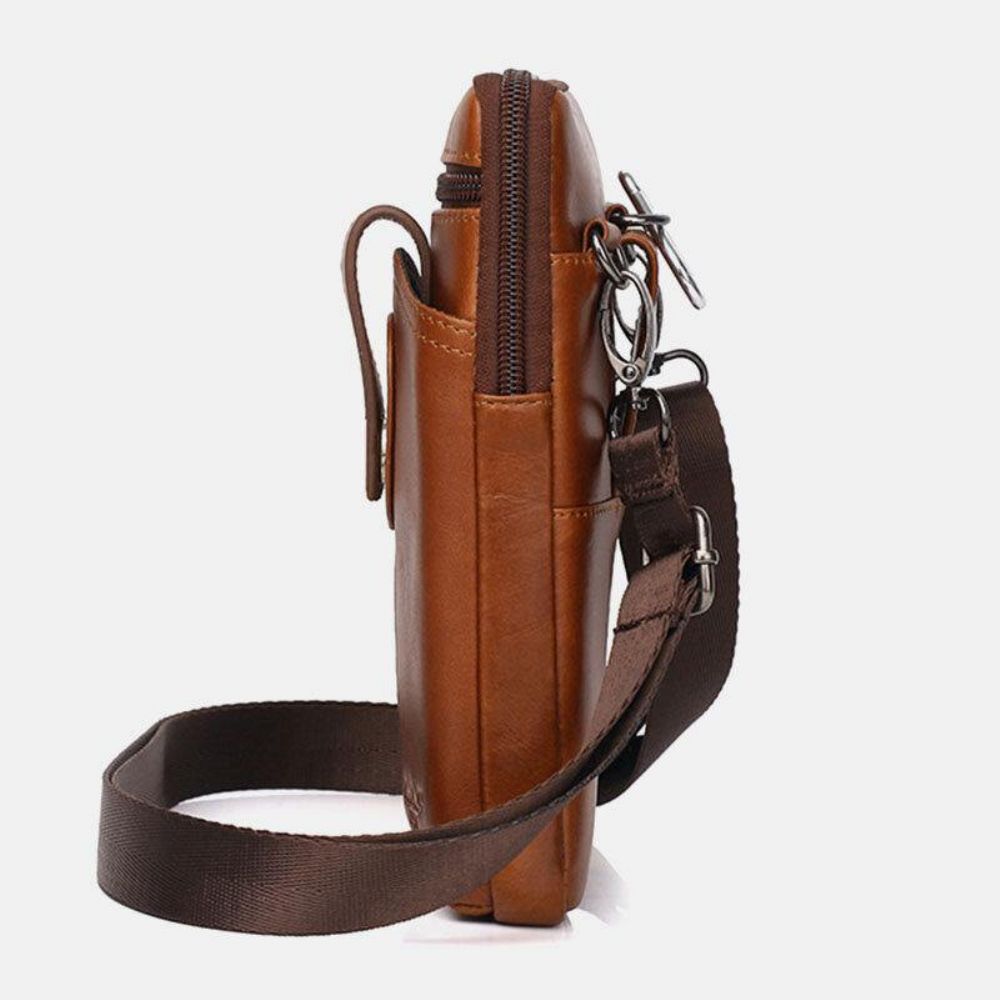 Mannen Echt Leer Vintage Multifunctionele 6.5 Inch Rits Hasp Telefoon Tas Crossbody Tas Heuptas