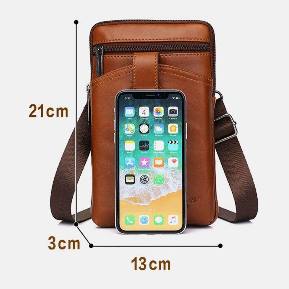 Mannen Echt Leer Vintage Multifunctionele 6.5 Inch Rits Hasp Telefoon Tas Crossbody Tas Heuptas