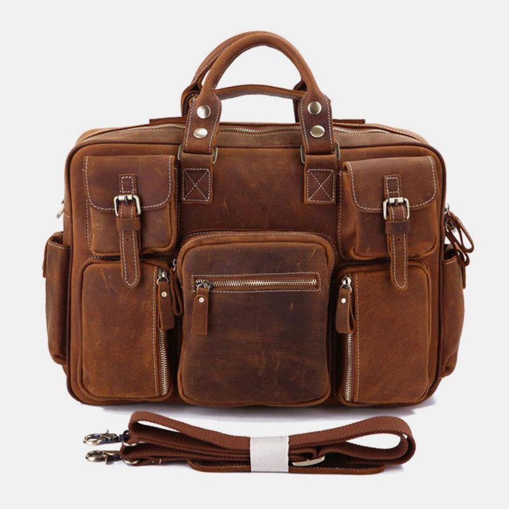 Mannen Lederen Afneembare Riem Grote Multi-Pocket 15.6 Inch Laptoptas Aktetas Messenger Bag Crossbody Tassen