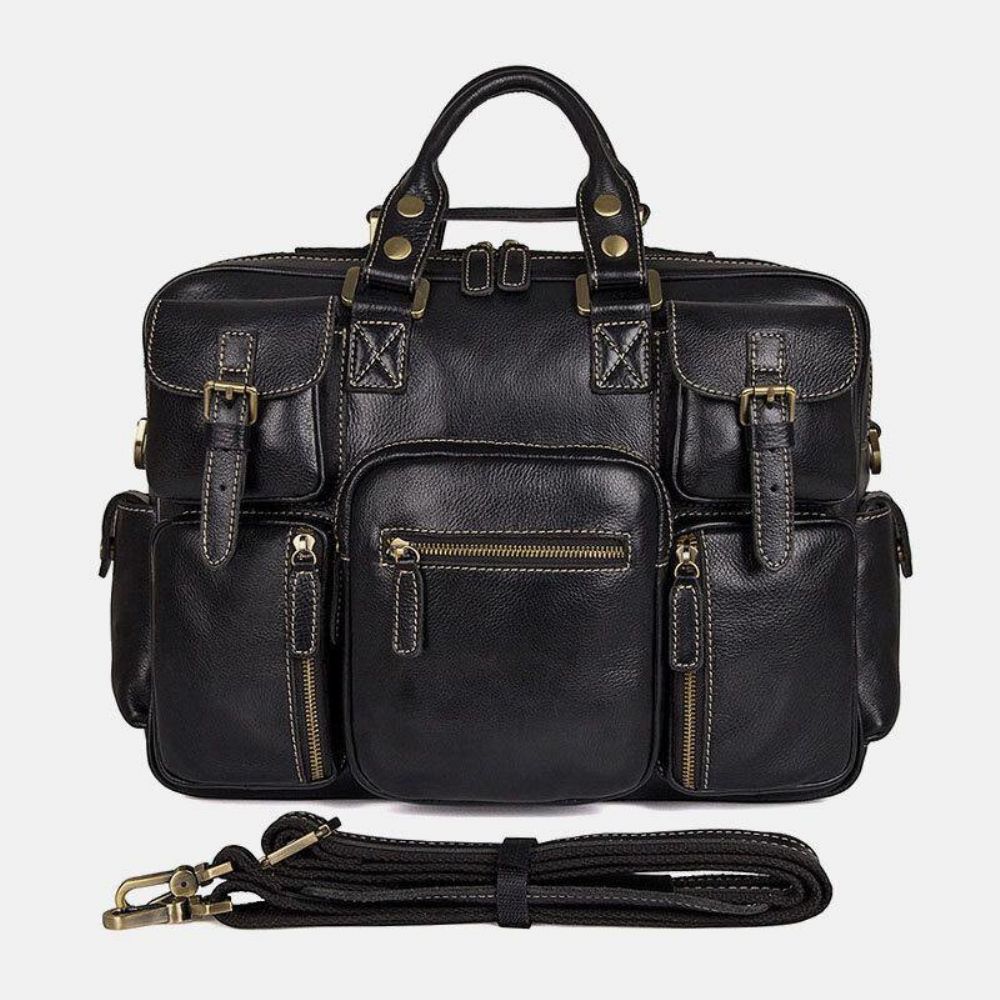 Mannen Lederen Afneembare Riem Grote Multi-Pocket 15.6 Inch Laptoptas Aktetas Messenger Bag Crossbody Tassen