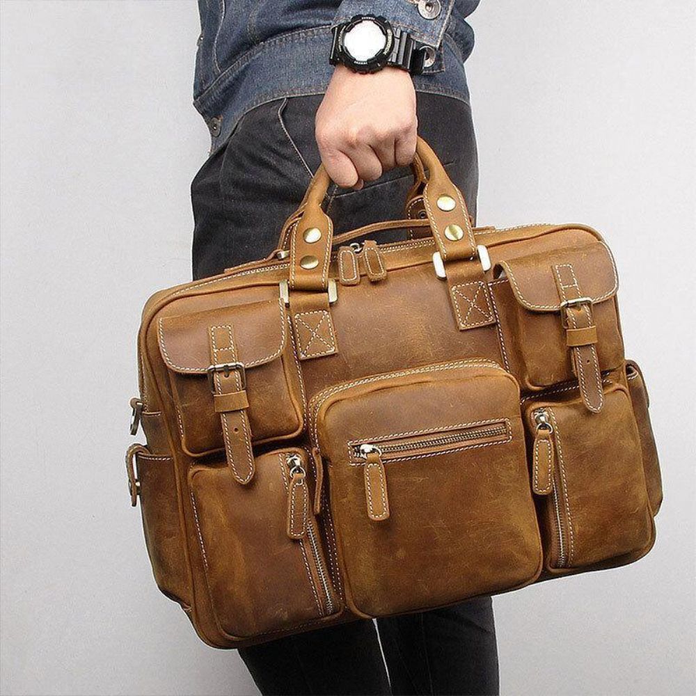 Mannen Lederen Afneembare Riem Grote Multi-Pocket 15.6 Inch Laptoptas Aktetas Messenger Bag Crossbody Tassen