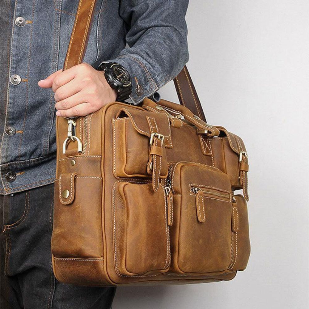 Mannen Lederen Afneembare Riem Grote Multi-Pocket 15.6 Inch Laptoptas Aktetas Messenger Bag Crossbody Tassen