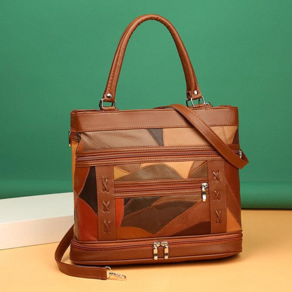 Vrouwen Echt Leer Geometrisch Patroon Kleur Matching Vintage Grote Capaciteit Handtassen Schoudertas Crossbody Tassen