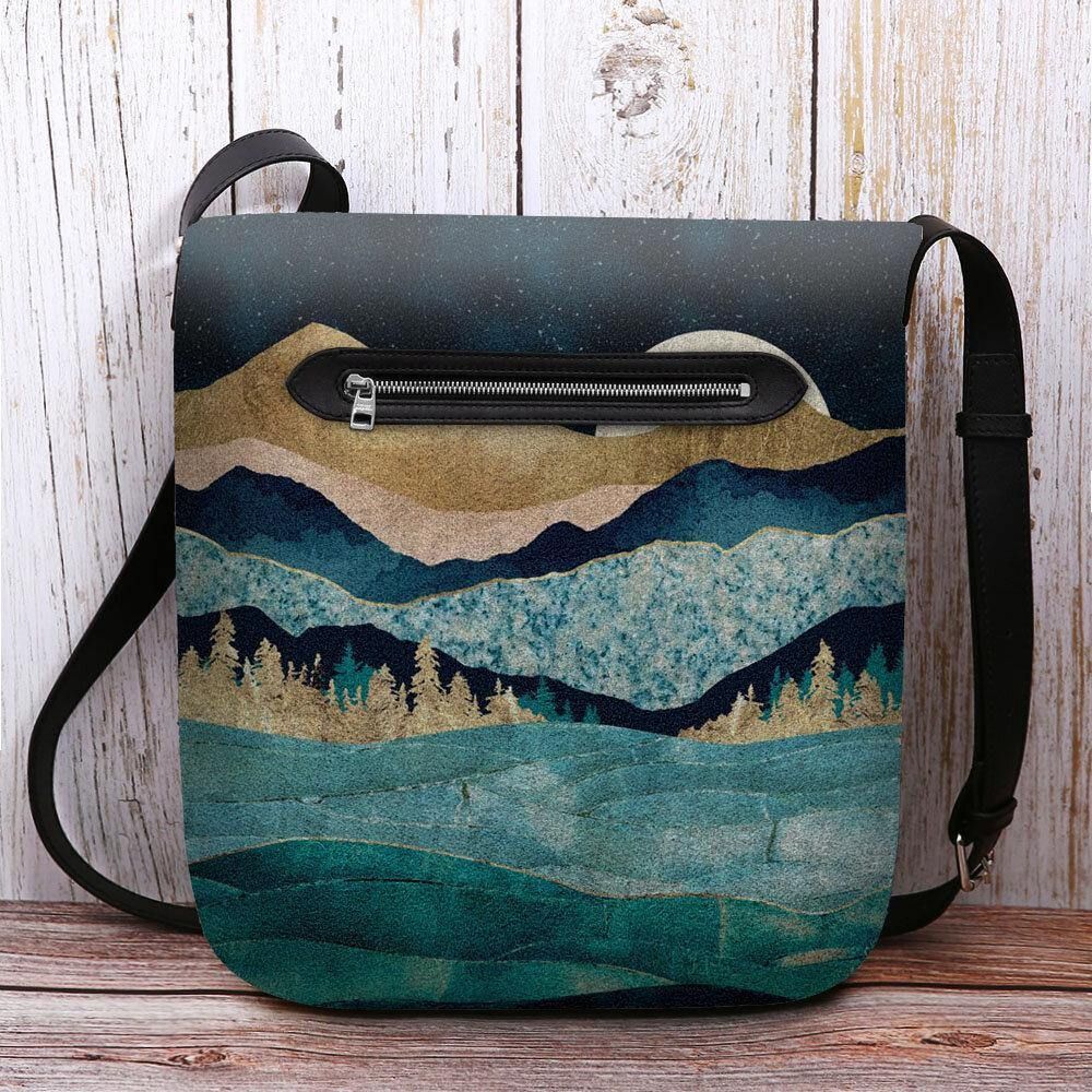 Vrouwen Felt Mountain Treetop Landschap Print Tas Crossbody Tas Schoudertas