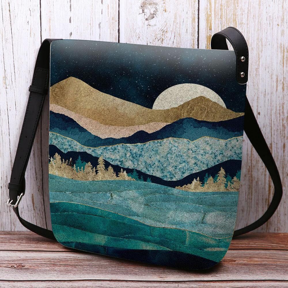 Vrouwen Felt Mountain Treetop Landschap Print Tas Crossbody Tas Schoudertas