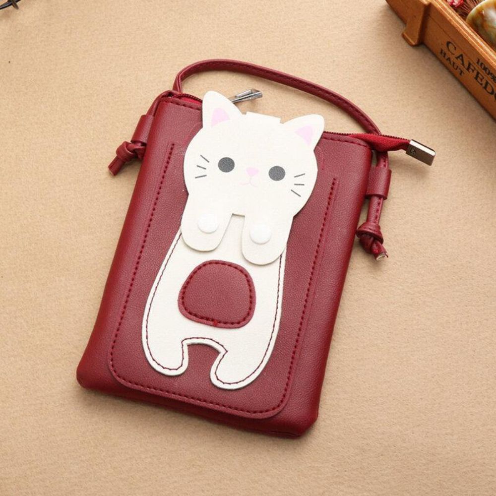 Vrouwen Kunstleer Super Leuke Kat Kitty Patroon 6.3 Inch Telefoon Tas Kleine Opbergtas Crossbody Tas