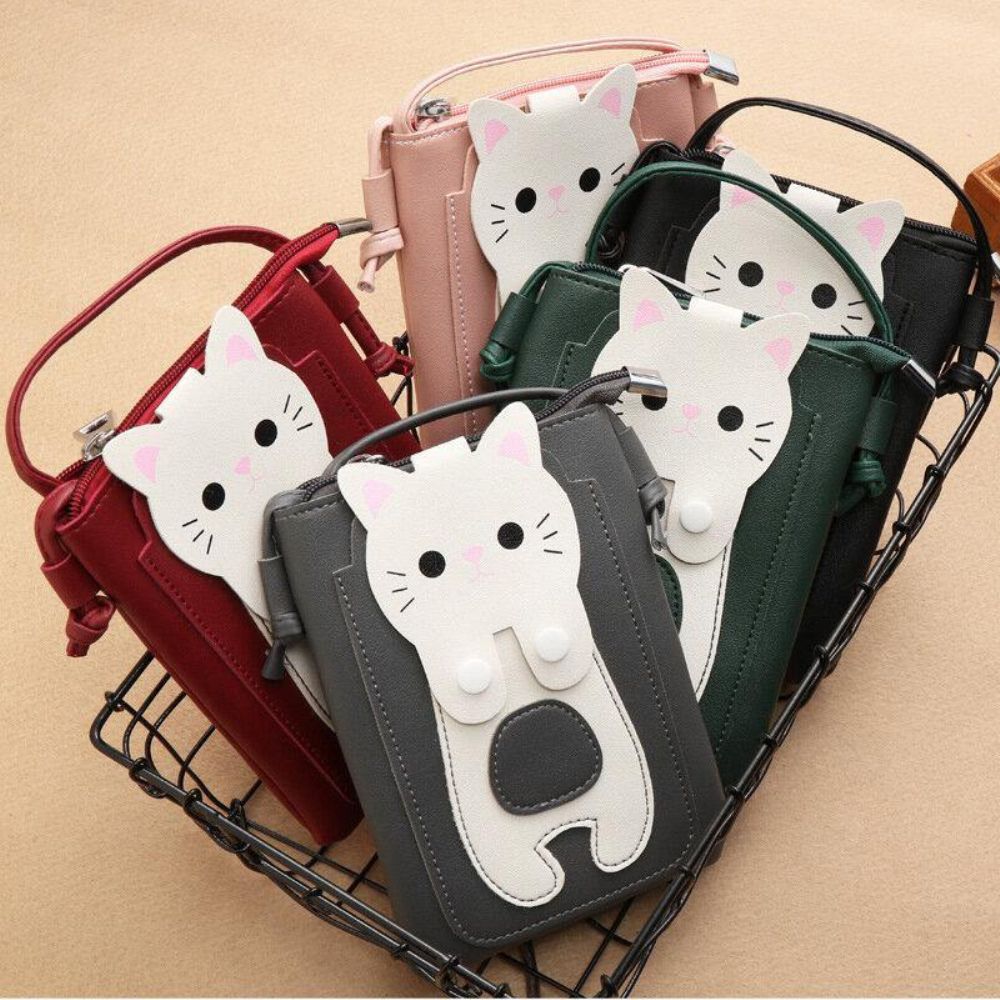 Vrouwen Kunstleer Super Leuke Kat Kitty Patroon 6.3 Inch Telefoon Tas Kleine Opbergtas Crossbody Tas