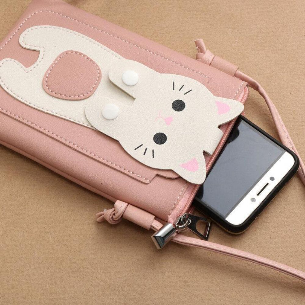 Vrouwen Kunstleer Super Leuke Kat Kitty Patroon 6.3 Inch Telefoon Tas Kleine Opbergtas Crossbody Tas