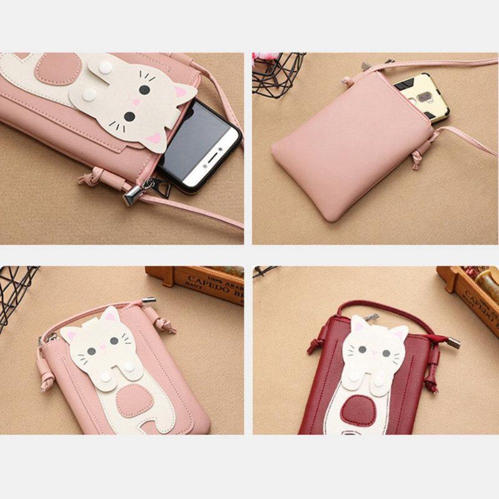 Vrouwen Kunstleer Super Leuke Kat Kitty Patroon 6.3 Inch Telefoon Tas Kleine Opbergtas Crossbody Tas