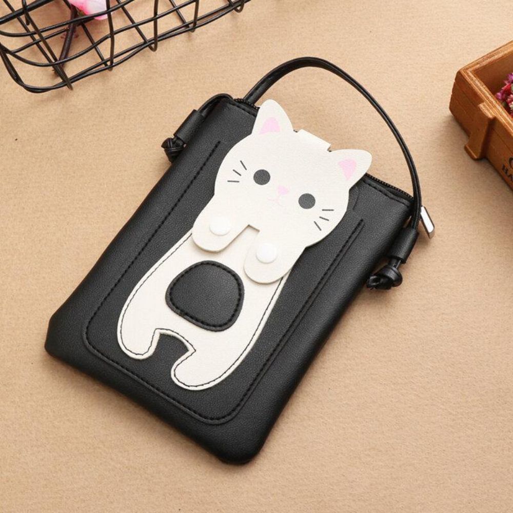 Vrouwen Kunstleer Super Leuke Kat Kitty Patroon 6.3 Inch Telefoon Tas Kleine Opbergtas Crossbody Tas