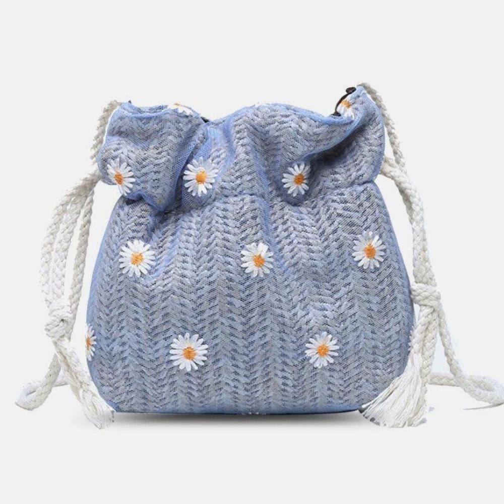 Vrouwen Stro Daisy Zonnebloem Patroon Casual String Lace Bag Strandtas Emmer Tas Crossbody Tas Handtas