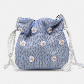 Vrouwen Stro Daisy Zonnebloem Patroon Casual String Lace Bag Strandtas Emmer Tas Crossbody Tas Handtas