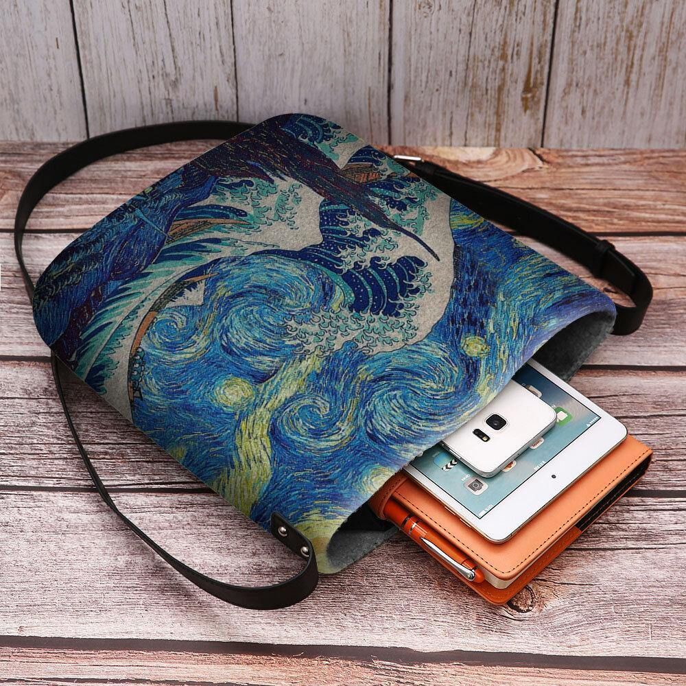 Vrouwen Vilt Zee Golf Sterrenhemel Patroon Olieverf Stijl Prints Crossbody Tas Schoudertas