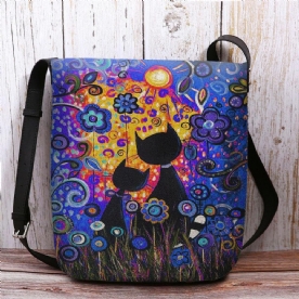 Vrouwen Vilten Casual Cartoon Verliefd Katten Achteraanzicht Bloemenpatroon Crossbody Tas Schoudertas