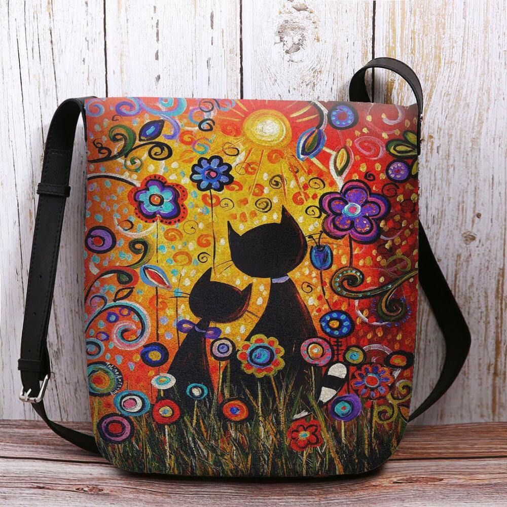 Vrouwen Vilten Casual Cartoon Verliefd Katten Achteraanzicht Bloemenpatroon Crossbody Tas Schoudertas