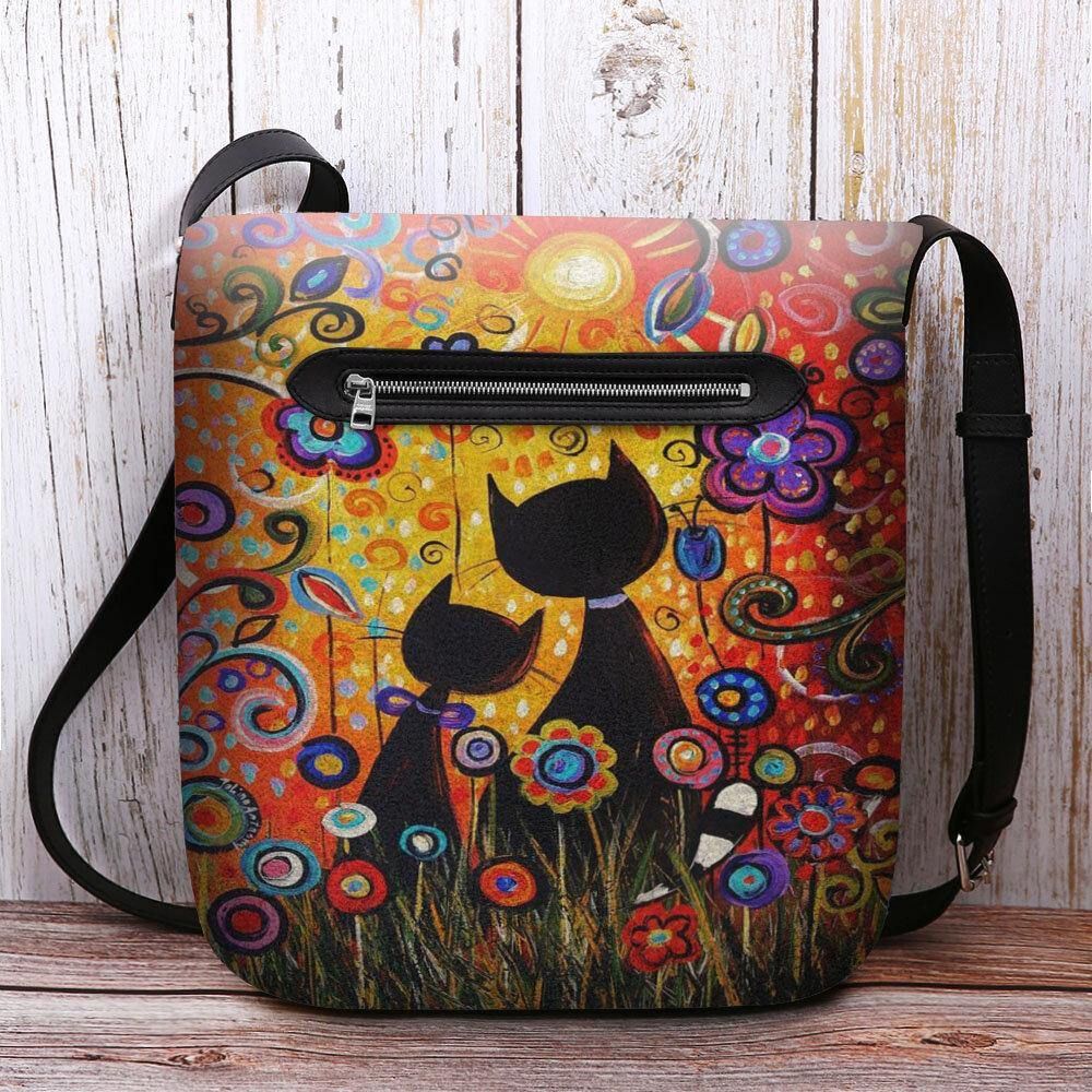 Vrouwen Vilten Casual Cartoon Verliefd Katten Achteraanzicht Bloemenpatroon Crossbody Tas Schoudertas