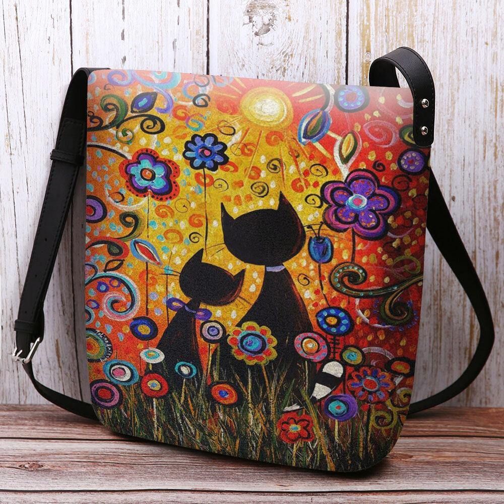 Vrouwen Vilten Casual Cartoon Verliefd Katten Achteraanzicht Bloemenpatroon Crossbody Tas Schoudertas