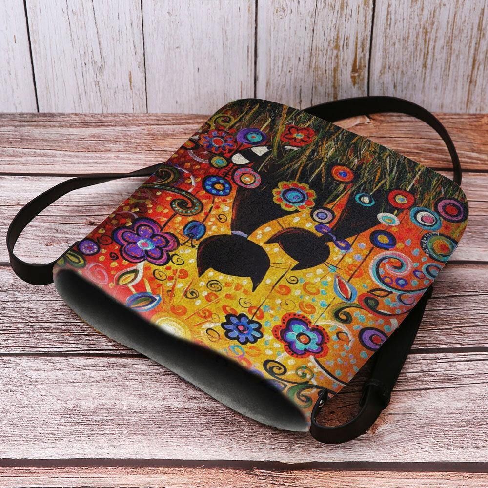 Vrouwen Vilten Casual Cartoon Verliefd Katten Achteraanzicht Bloemenpatroon Crossbody Tas Schoudertas