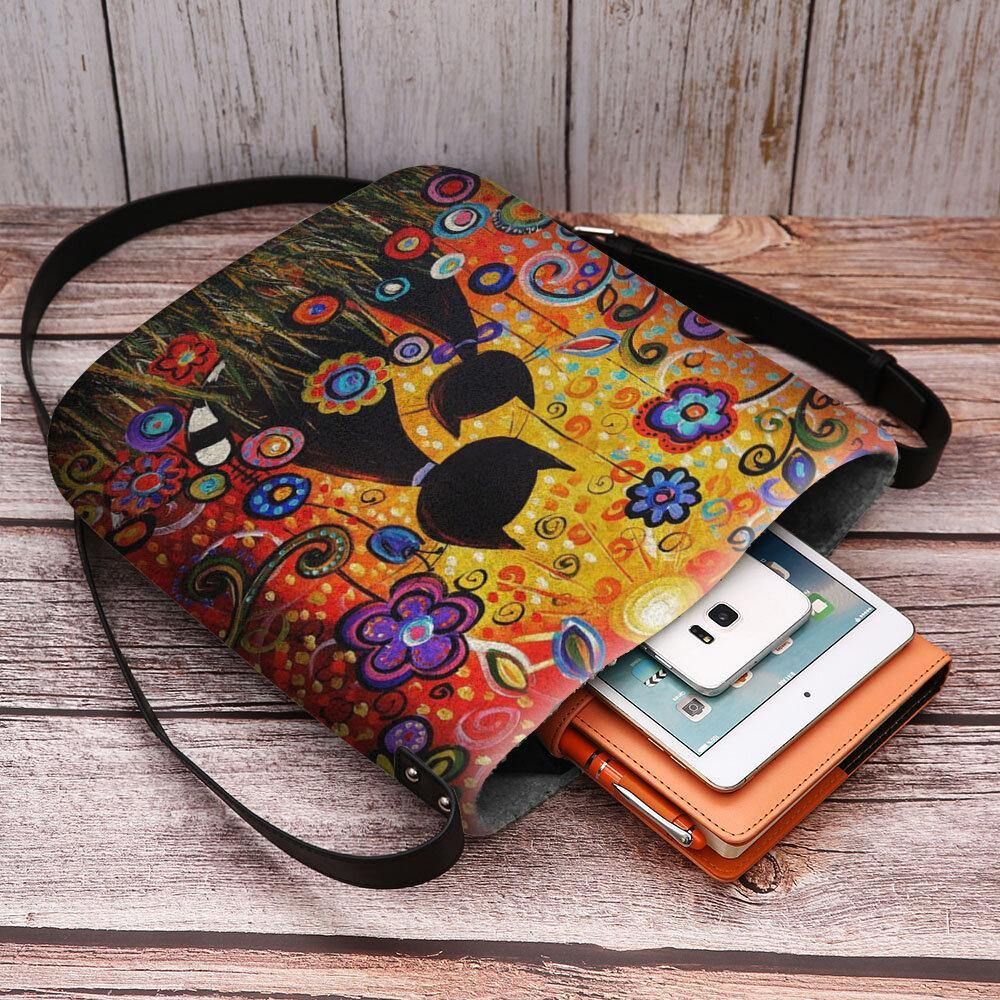 Vrouwen Vilten Casual Cartoon Verliefd Katten Achteraanzicht Bloemenpatroon Crossbody Tas Schoudertas