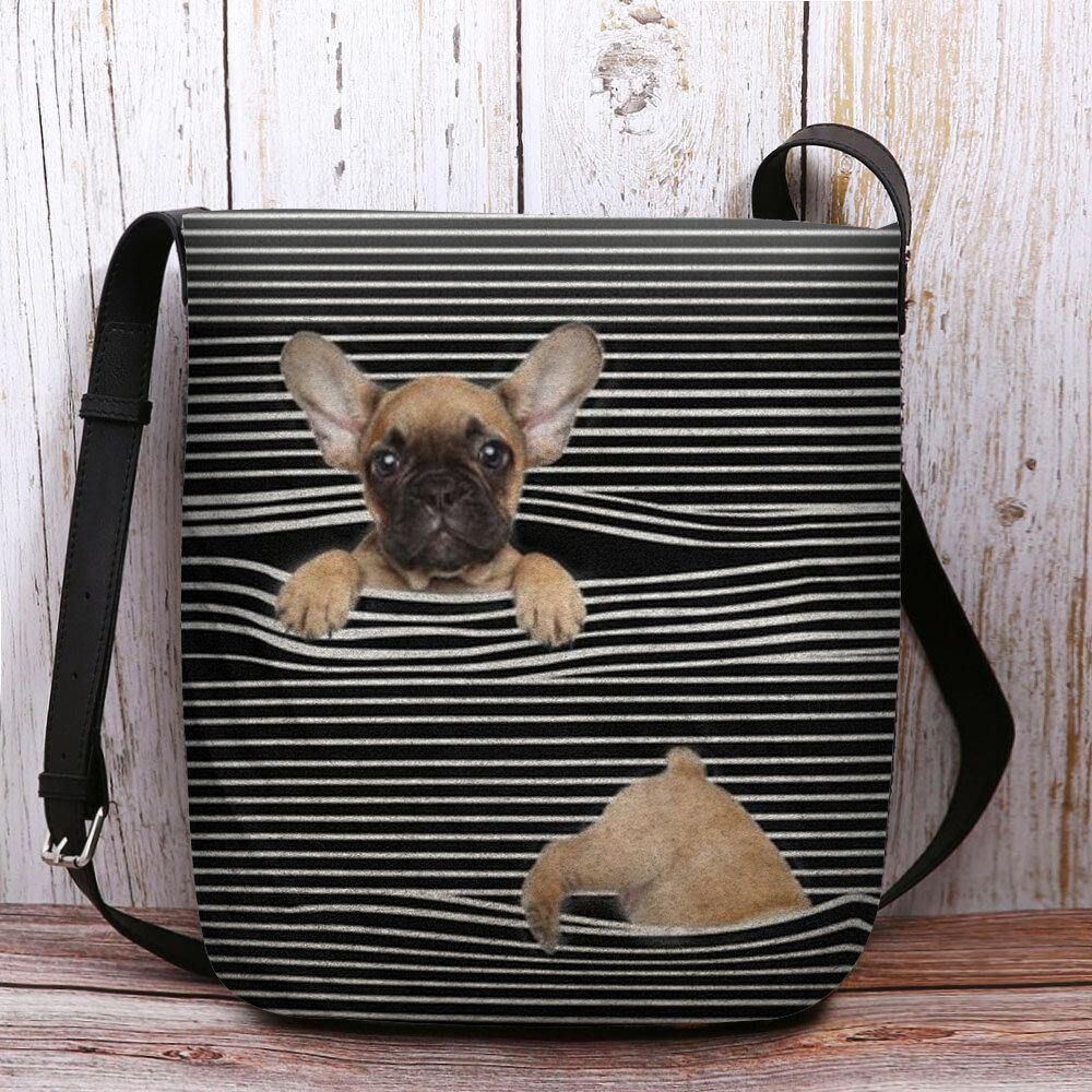 Vrouwen Vilten Casual Streep Schattige 3D Hond Afdrukken Patroon Crossbody Tas Schoudertas